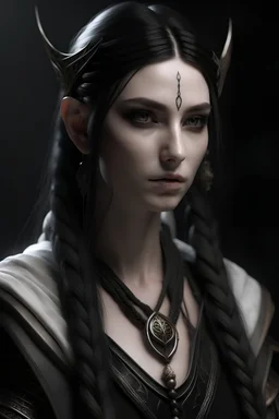 Young female high elf noble wizard with elf ears, dark black eyes and very pale skin long jet black hair with some with braids, photo realisim fantasy dungeon and dragons