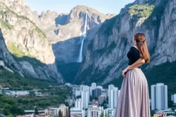 A modern city at the foot of the mountain. The entrance valley with a waterfall from a high rock. A beautiful lady in a top and midi skirt.