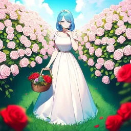 gorgeous anime girl wearing a yellow and white dress ,standing in a meadow of flowers, spreading rose pedals on the ground. beautiful eyes and a stunning smile, blue eyes, two blue eyes, perfect nose and rosy cheeks and red lips. girl is holding a basket with flowers in it