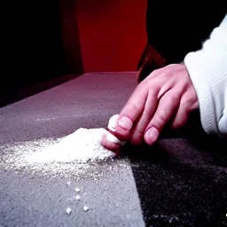 A man sniffing cocaine through rolled dollar paper, cocaine is on table, Close-up to action