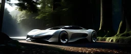 imagine a supercar that has evolved naturally from the earth over millions of years, its shaped from crystalline structures and mineral deposits, yet boasts a sleek aerodynamic design. the dackdrop: a primordial forest with towering ancient trees and a misty aura
