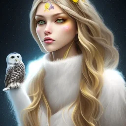 Girl with long wavy brown blond hair, yellow eyes. Wearing a dark white dress with white pink flowers on it. She has a snowy owl with yellow eyes on her shoulder.