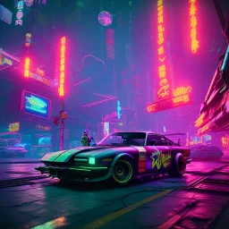 photo quality, unreal engine render, highest quality, stop-motion animation, vivid neon colors, volumetric lighting, cyberpunk 2077, classic car junkyard, deep colors in a dark setting background, post-apocalyptic,