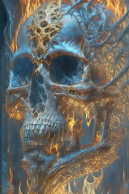 A beautiful highly detailed ornate intricate portrait of a flaming demon skull made of shiny obsidian glass :: reflective, glassy :: subtractive lighting, backlit :: by John William Waterhouse, Greg Rutkowski, HR Giger :: hyperrealistic, hyper detailed, photorealistic :: epic, incredible composition, amazing depth, meticulously composed, 16k resolution concept art :: fantasy magazine cover art