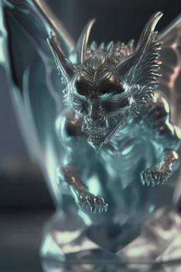 transparent gemstone gargoyle, in chrome casino, high detail, 8k, cinematic, depth of field, art