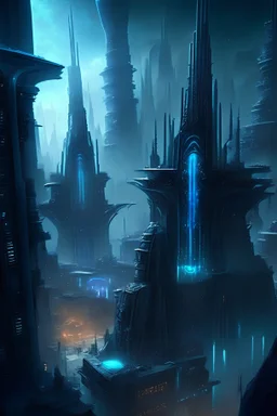 Imagen de una ciudad avanzada que utiliza tecnología mágica y tecnología necromantica.