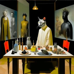 UN conference.a cat and human flesh-like surgical instruments and universe-like a pigeon and neuralink, surrealism,minimalism,Painting By Adrian Ghenie, Rene Magritte, Salvador Dali, Lucian Freud