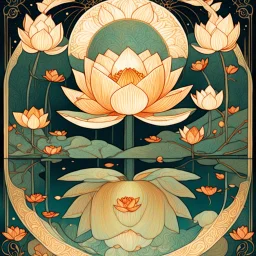 Bordered digital illustration of a Lotus Reflection by Victo Ngai. Art deco, Tarot card, Hanafuda. High quality, masterpiece.