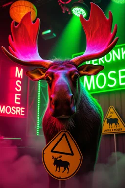 An big female moose with big eyes "Veronika Moser" performing at dance club, her name is "Moser" HAIRY FRUITS EVERYWERE On stage, Green Neon lights and smog, and "VERONIKA MOSER" big sign on the wall, "DU UND ICH UND MOSER" red plate sign, Swedish Yellow warning sign with moose