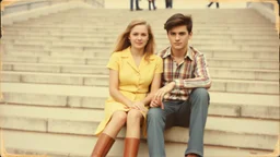 retro old photo of a young couple in 70s style clothes sitting on the lower steps of the Danube embankment in Budapest at Fővám Square, the photo is old, stained and scratched in some places, one corner of the photo is missing, the girl's and the boy's faces are blurry and not clearly visible, behind them are stairs