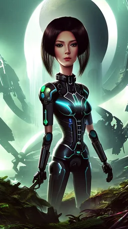 Wide-angle, woman with straight hair, dressed like a robot, with equipment in her hands, next to a crashed spaceship, in a clearing on an alien jungle world