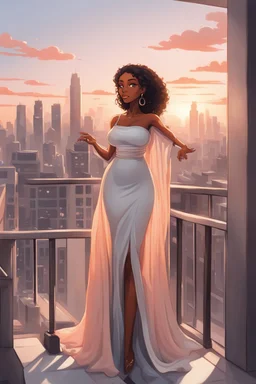 The scene opens onto a serene balcony overlooking a bustling city skyline. The sky above is painted in soft hues of gray and peach as the sun begins its descent, casting a warm glow over everything it touches. In the foreground stands a captivating figure, airbrush chibi cartoon curvy black woman exuding confidence and elegance. She is adorned in a flowing white knit maxi dress that hugs her curves in all the right places, accentuating her silhouette. Her choice of footwear is equally stunning