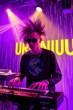 French cool synth player with crazy techno acid hair, he is called "Jean-Maurice Brûlée" performing at dance club, his name is "Jean-Maurice Brûlée" , white and purple Neon lights and purple smog, yellow shower rain, and "URINIUM" big sign on the wall, he is playing on synthesizers on stage with lot of laser beams and wearing black sunglasses, an earth is projected in background