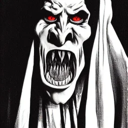 Nosferatu vampire with white skin and horns on the jaw with giant mouth full of fangs as Russian Orthodox