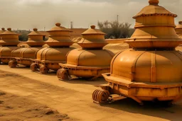 An orange colored military base with tanks painted by Leonardo da Vinci