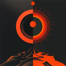 tragedy of the commons regressive overlapping timeline looping, abstract art vs sci-fi art, by Graham Sutherland and HR Giger, by Victor Pasmore and Joan Miro, mind-bending illustration; album cover art, asymmetric, Braille language glyphs, dark shines geometry, red and orange and black color scheme