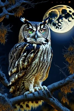 a horned Owl sitting on branch in oak tree with full moon behind it