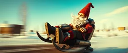 close up on gnome hit man with rocket boots in suit on a mech sled doing jumping stunt in winter wasteland, style of fallout 4, high speed with motion blur, on elevated road, beard blown into his face