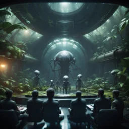 a video conference on video screen with multiple sick aliens held by a scientist in dark lit reflective wet jungle metallic hall dome hotel tunnel, in the style of a fallout 4,bokeh like f/0.8, tilt-shift lens 8k, high detail, smooth render, down-light, unreal engine, prize winning