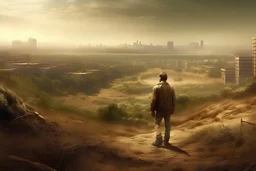 a man, looking straight ahead, with the city behind him, on land out of the city, dirt terrain and low vegetation realism, photography of reality, real, 16K, warm light