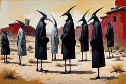 ong-legged surreal lean black-grey figures with beak-shaped heads in overcoat, profile, semi-silhouettes among ramshackle ruins in a barren landscape of red, yellow, black and beige colors, intricate acrylic painting