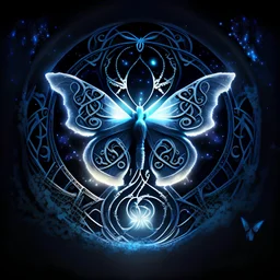 A white glowing butterfly flies in front of Celtic moon crest, night, dark blue glowing light, fantasy, magic, dark, stars, sparkle
