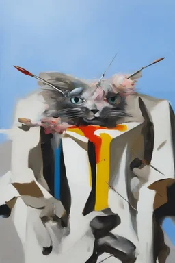 Abstract painting formed by a mix of a cat and human flesh-like surgical instruments and universe-like a pigeon and neuralink, surrealism,minimalism,Painting By Adrian Ghenie, Rene Magritte, Salvador Dali, Lucian Freud