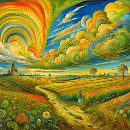 collaboration between Salvador Dali, Vincent Van Gogh, and Jean Baptiste Monge. Swirling rainbow storm clouds over a vast field of long grass and plentiful flowers swaying in the winds.