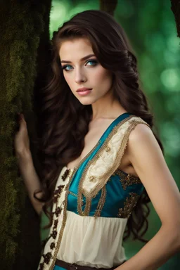 pretty18 year old girl with long wavy chocolate brown side swept hair. Blue eyes. wearing a vest. dark romance fantasy