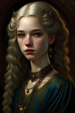 Targaryen princess aged 16, epitomizes Targaryen allure with her silver curls and blue lilac eyes. Gold necklace, freckles, porcelain skin and high soft cheekbones. Wearing gold and dark green, soft make up and full lips. Frédéric-Pierre Tschaggeny, Noriyoshi Ohrai, Selma Todorova, oil painting