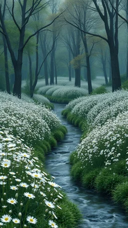 Bosch painting style nightmare , 3D , a big fields of white flowers and river stream trees in the background, high Quality picture , 8k