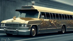 the funeral buss driving on the freeway, perfect composition, hyperrealistic, super detailed, 8k, high quality, trending on artstation, studio photo, highly detailed, wide borders