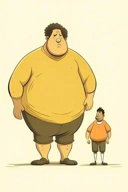 a fat man with a thin light beard bulling a thin tall man with a short afro cut by siting on him. Cartoon.