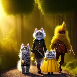 cute fluffy lion and scarecrow and tin-man and kitten on a journey into the woods walking on a yellow brick road, cute adorable pop surrealism, lowbrow art, realistic, street fashion, fluffy , pixar style, hyperrealism, rococo, Pixar, Disney, concept art, 3d digital art, Maya 3D, ZBrush Central 3D shading, bright colored background, radial gradient background, cinematic, Reimagined by industrial light and magic, 4k resolution post processing 8k resolution holographic astral cosmic illustration