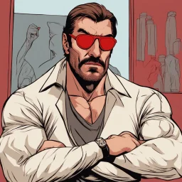 a young man with big muscles who looks like hans gruber wearing a turtleneck and red sunglasses staring with an angry look on his face