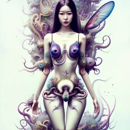  doll up, latex suit,Asian woman, leaning pose, full body, squid, intricate detail , watercolor illustration by <agnes cecile> butterflies everywhere, skulls, centipede, insects, nest, octopus, fly, squid, multiple eyes everywhere, Dryad, plants, wildflower,