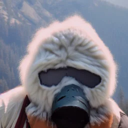 subject = (Yeti in a mask) background = (wildfires, mountains, fires, smoke, disaster)