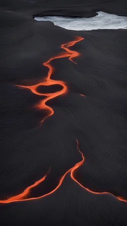 A volcanic island with black sand beaches, surrounded by lava that flows into the ocean, forming otherworldly patterns