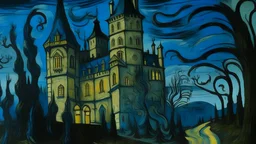 A blackish blue castle in a nightmare realm painted by Vincent van Gogh