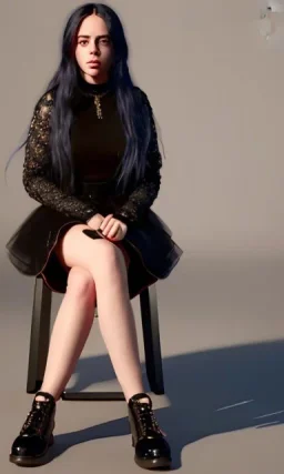 Billie Eilish, sitting on a chair, Black Short Dress, high detail, realistic