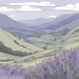 Lavender meadow three quarters up a mountain, comic in the style of fiona staples