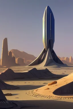 spaceship in an alien desert city surrounded by strange tall buildings