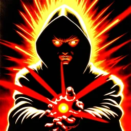 90's TCG art retro fantasy art of a hooded figure blasting red light beams out of hands