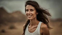 beautiful slender caucasian female technician, black tank top, dirty face, gritted teeth, well toned muscles, weathered face, scratched sand camo metal details, short brunette wavy bob haircut, dystopian, desert scene with smoke and explosions,