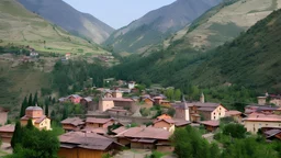 dal i Himalaya bjergene med traditionel landsby på dalens bund og et ensomt beliggende kloster. stregtegning orientalsk stil