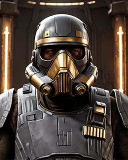 star wars bald male corellian pilot wearing pearlescent black and gunmetal grey First Order special forces heavy assault stealth commando armor and helmet with gold trim inside the jedi temple, hyperdetailed, dynamic lighting, hyperdetailed background, 8k resolution, volumetric lighting, light skin, fully symmetric details