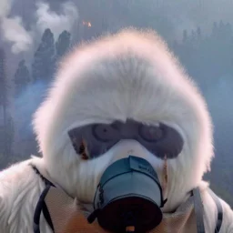 Yeti, wildfires in the background, mountains, fires, smoke, disaster