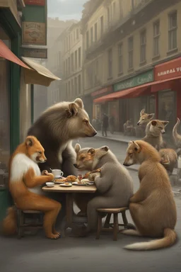 Wild animals eating at tables in a cafe street scene