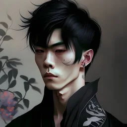 korean young man with tattoos on neck and arms, soft face, cold eyes, black fringe, black kimono, fantasy