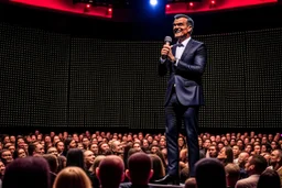 The photograph is of a speaker standing on stage in front of a large audience. The speaker appears confident and excited to speak in front of the audience. The speaker is shown dressed in formal attire and holding a microphone.